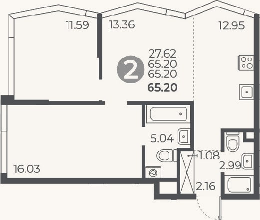 Планировка: 2-к, 65,2 м²
