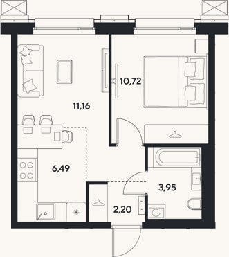 Планировка: 2-к, 34,5 м²