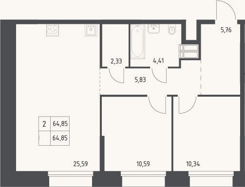 Планировка: 2-к, 64,9 м²