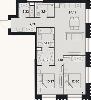 Планировка: 3-к, 72,6 м²