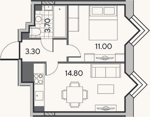 Планировка: 1-к, 32,8 м²