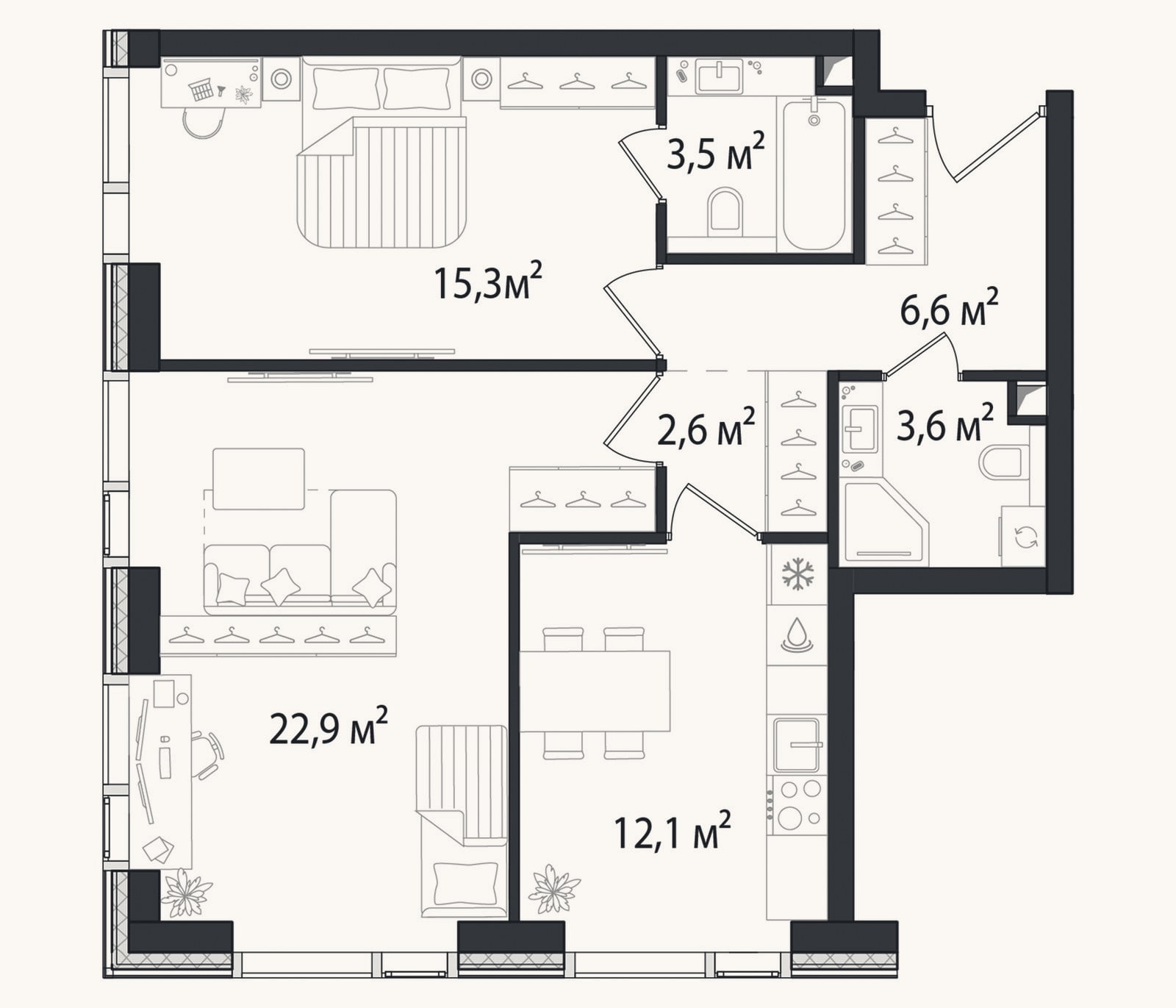 Планировка: 2-к, 67 м²