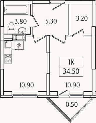 Планировка: 1-к, 34 м²