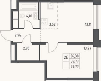 Планировка: 2-к, 39,8 м²