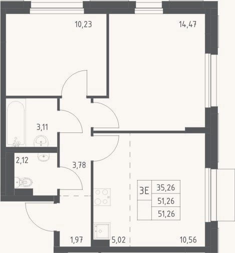 Планировка: 3-к, 51,3 м²