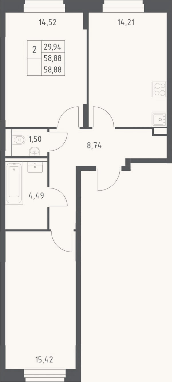 Планировка: 2-к, 58,9 м²