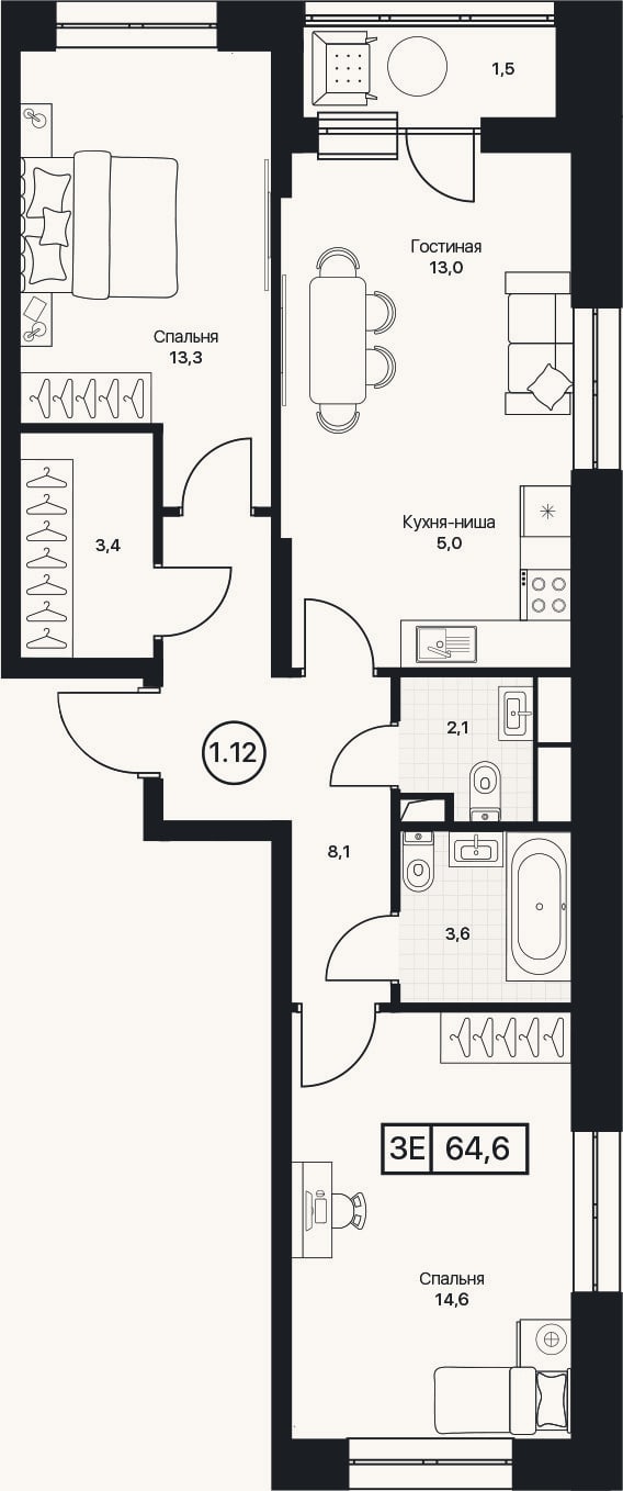 Планировка: 3-к, 63,1 м²