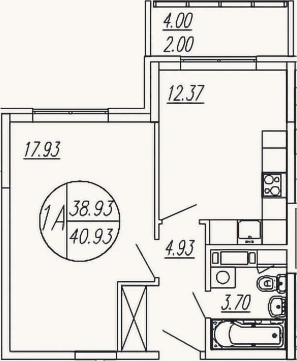 Планировка: 1-к, 38,9 м²