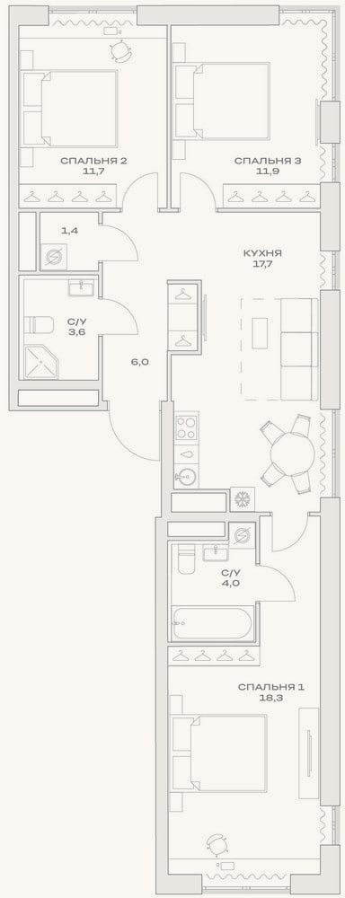 Планировка: 4+ к, 74,6 м²