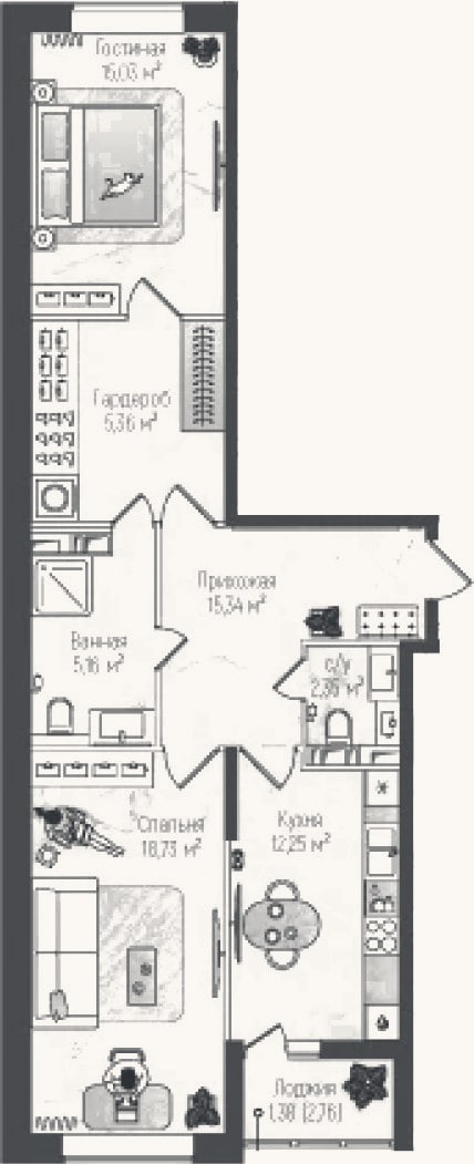 Планировка: 2-к, 73,8 м²