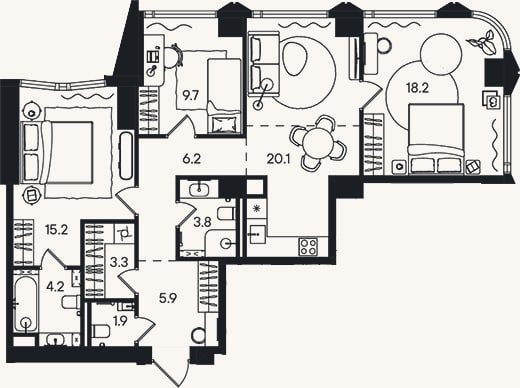 Планировка: 4+ к, 88,5 м²