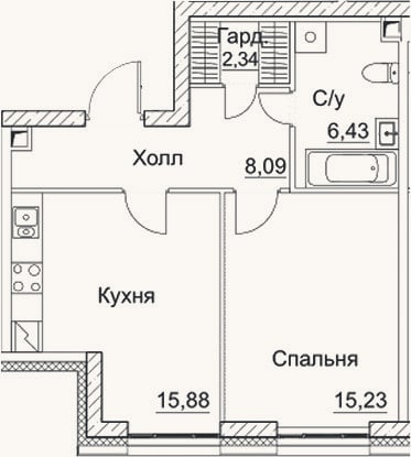 Планировка: 2-к, 48 м²