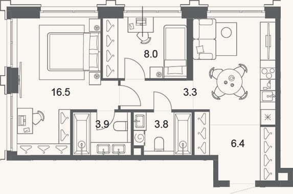 Планировка: 3-к, 55,1 м²