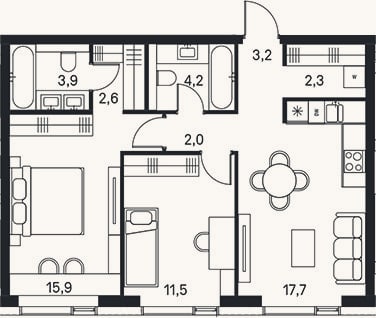 Планировка: 3-к, 63,3 м²