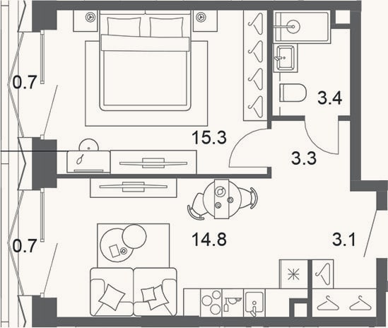 Планировка: 2-к, 39 м²