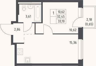Планировка: 2-к, 32,5 м²