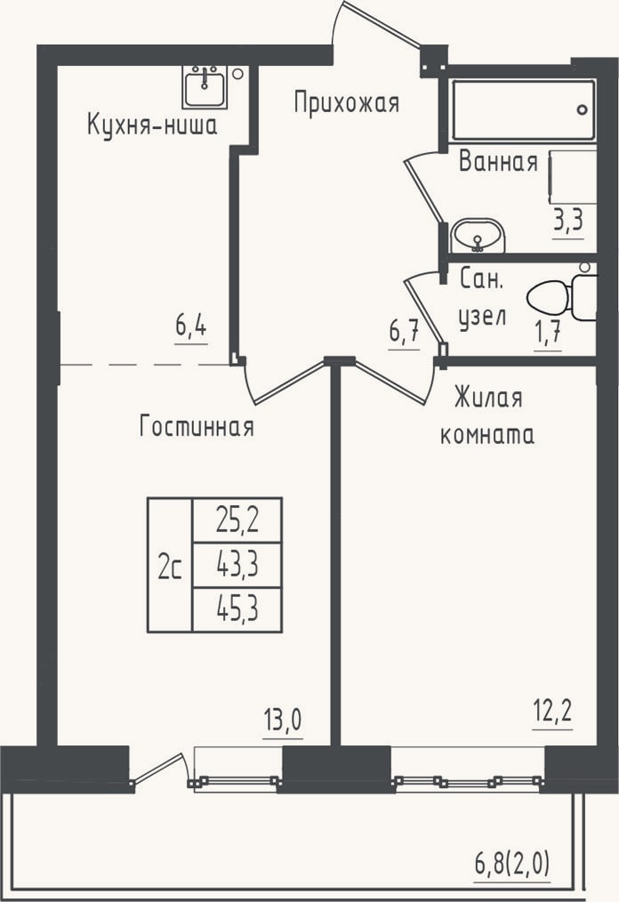 Планировка: 1-к, 43,3 м²