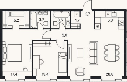 Планировка: 3-к, 84,3 м²