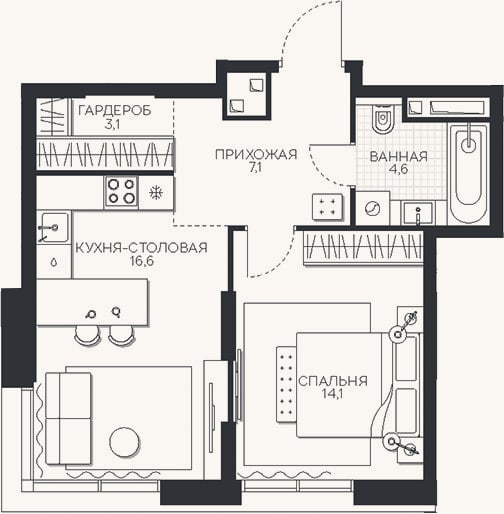 Планировка: 1-к, 45,5 м²
