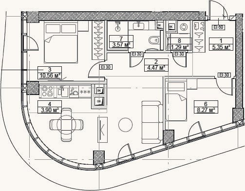 Планировка: 3-к, 54,4 м²