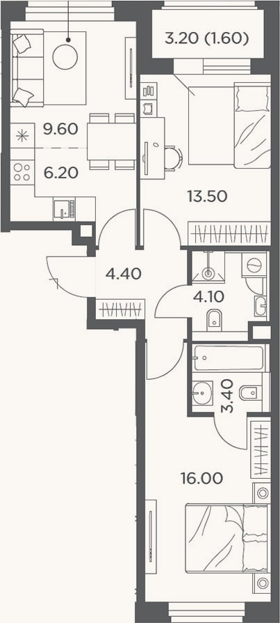 Планировка: 3-к, 57,2 м²