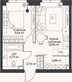Планировка: 2-к, 38,8 м²