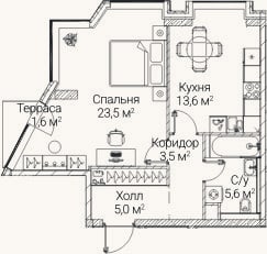 Планировка: 1-к, 50 м²