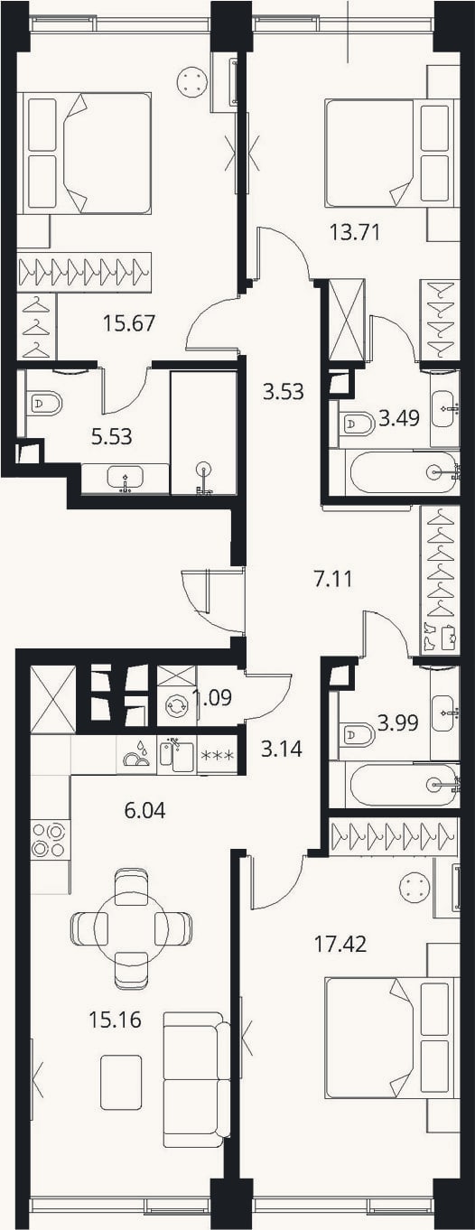Планировка: 4+ к, 95,9 м²