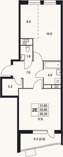 Планировка: 2-к, 53,6 м²