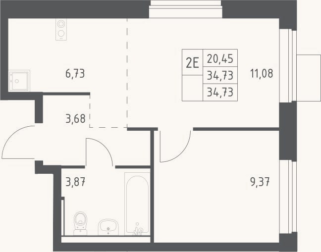 Планировка: 2-к, 34,7 м²