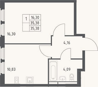 Планировка: 1-к, 35,4 м²