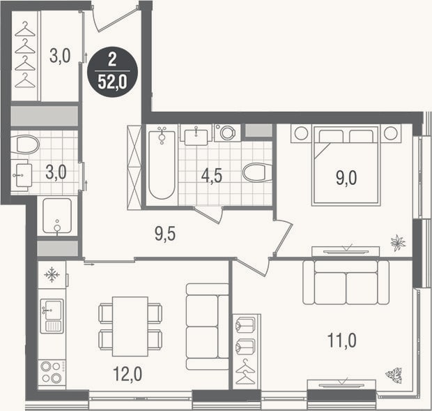 Планировка: 2-к, 52 м²