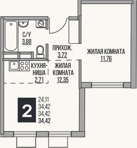 Планировка: 2-к, 34,4 м²