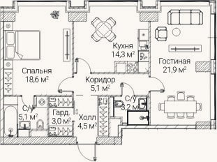 Планировка: 2-к, 75,3 м²