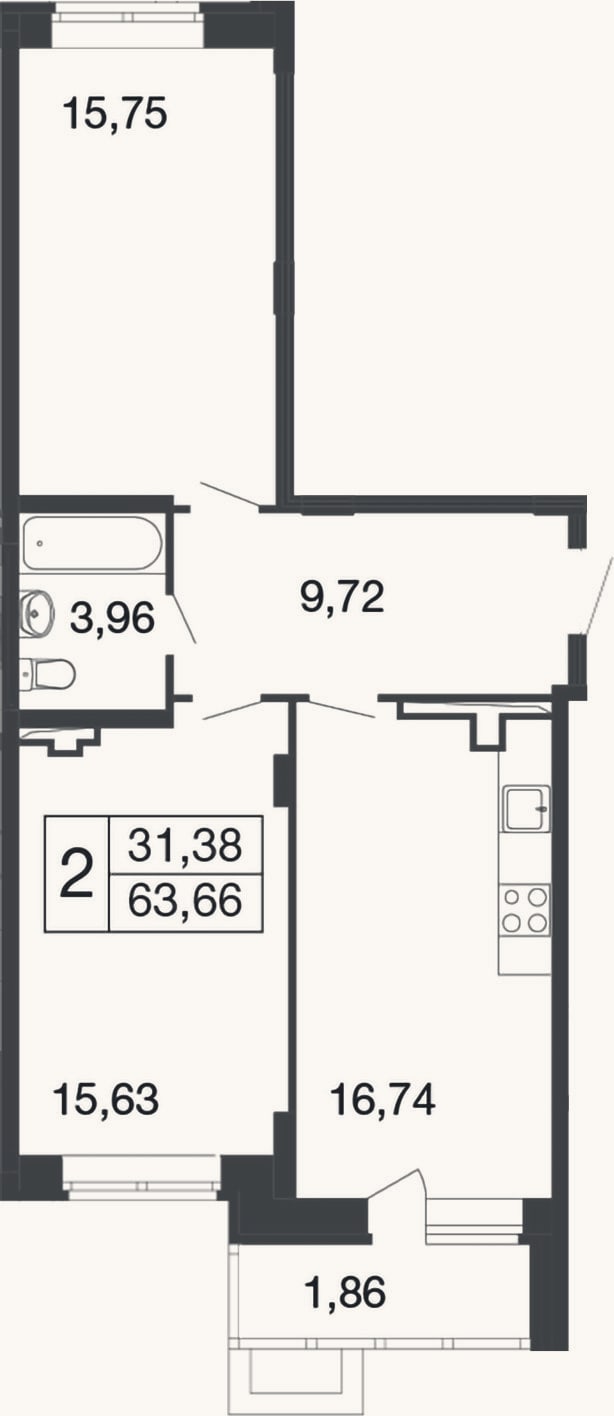 Планировка: 2-к, 61,8 м²