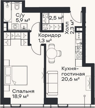 Планировка: 2-к, 51,5 м²