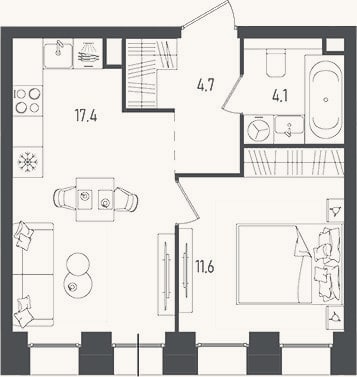 Планировка: 2-к, 37,8 м²