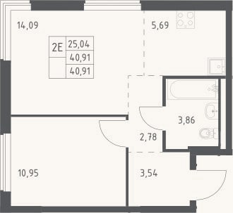 Планировка: 2-к, 40,9 м²