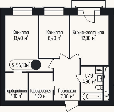 Планировка: 2-к, 56,1 м²