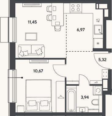 Планировка: 2-к, 38,4 м²