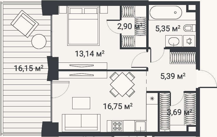 Планировка: 1-к, 46 м²