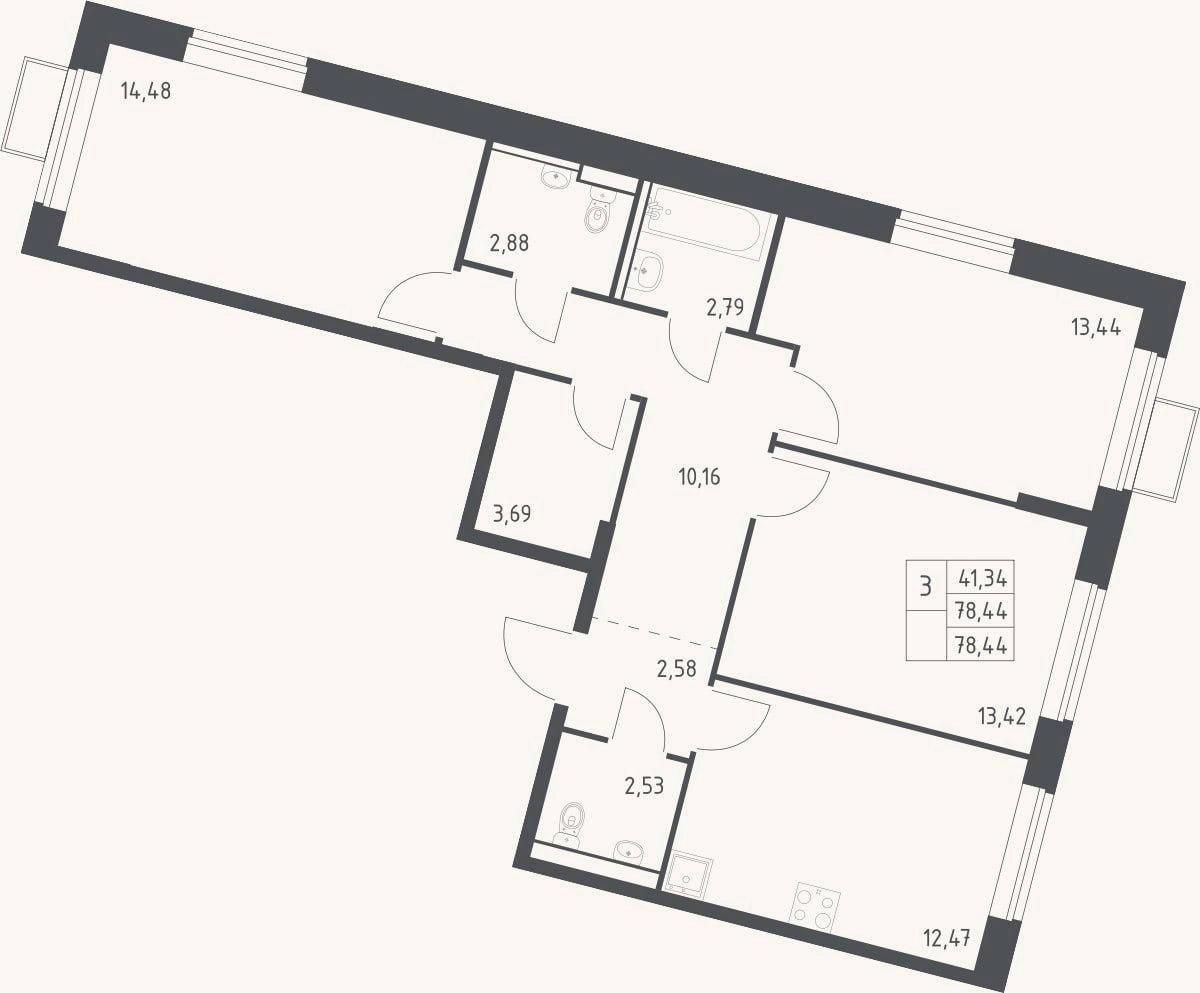 Планировка: 3-к, 78,4 м²