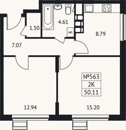 Планировка: 2-к, 50,1 м²