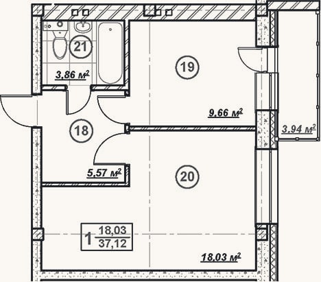 Планировка: 1-к, 37,1 м²