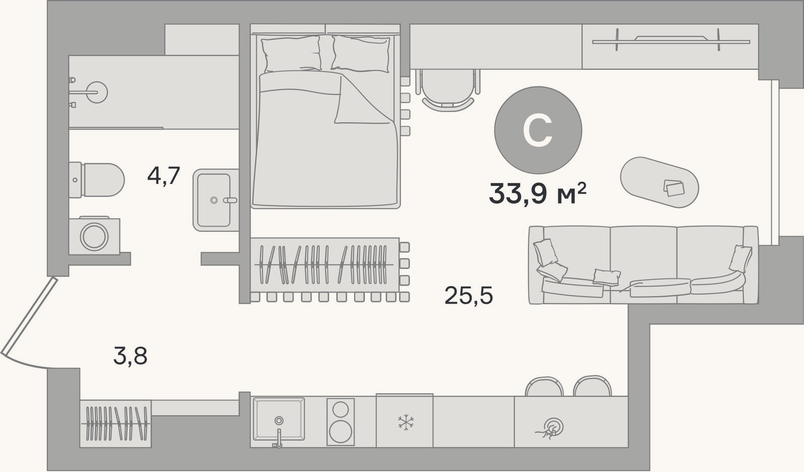 Планировка: Студия, 33,9 м²