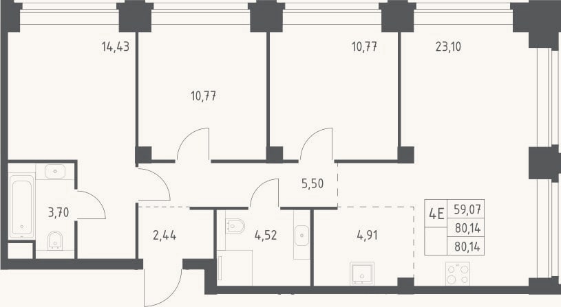 Планировка: 4+ к, 80,1 м²