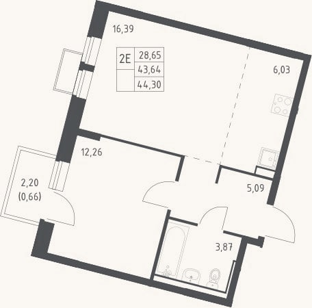 Планировка: 2-к, 43,6 м²