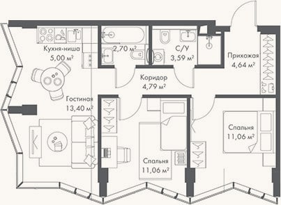 Планировка: 3-к, 56,2 м²