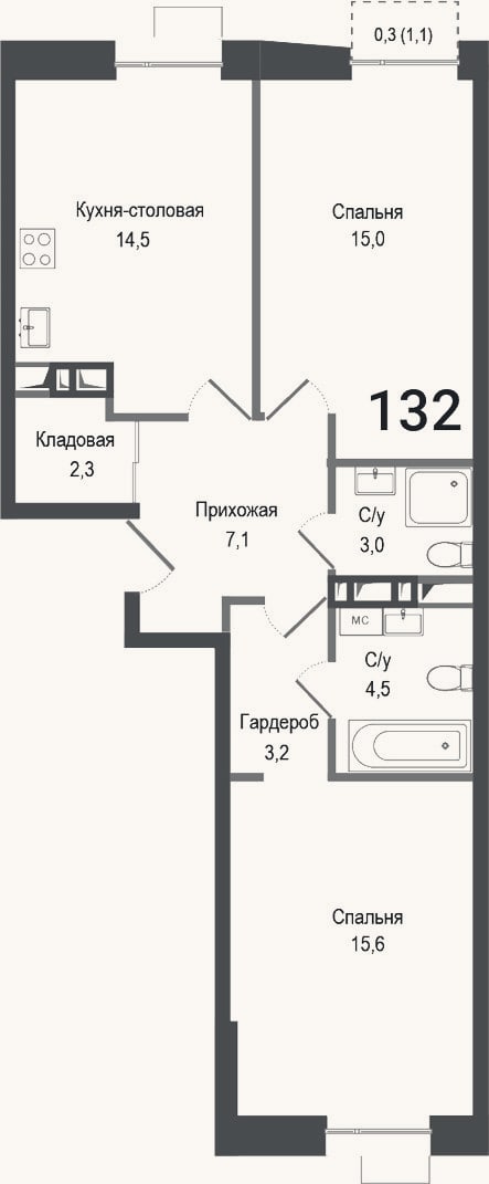 Планировка: 2-к, 65,2 м²