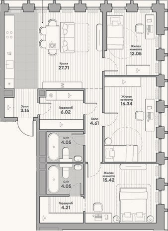 Планировка: 3-к, 97,6 м²